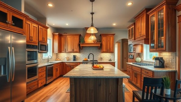 Rustic kitchen design with wood elements and pendant lighting.