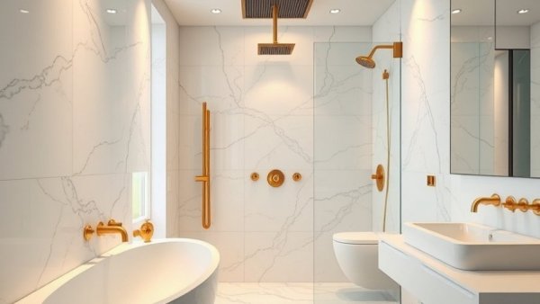 Modern bathroom renovation in Tampa with marble and brass.