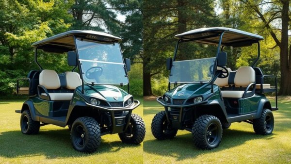 Golf cart buyers guide comparison of two modern golf carts with rugged designs.