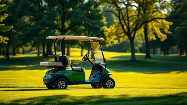 Sleek green golf cart on sunlit golf course, lush trees, vibrant scene