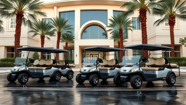 Electric golf carts for sale at convention center entrance.