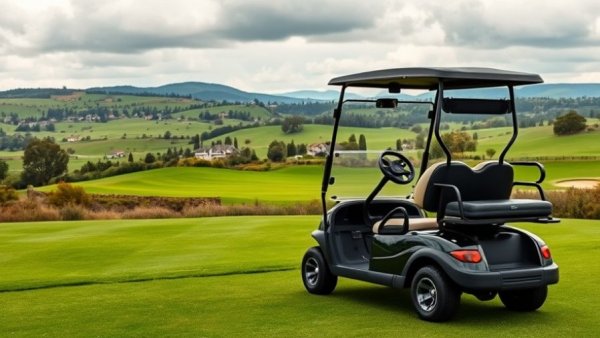Electric golf cart on a scenic golf course for sale.