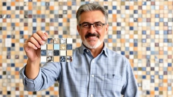 Installing mosaic tile guide by a middle-aged man.