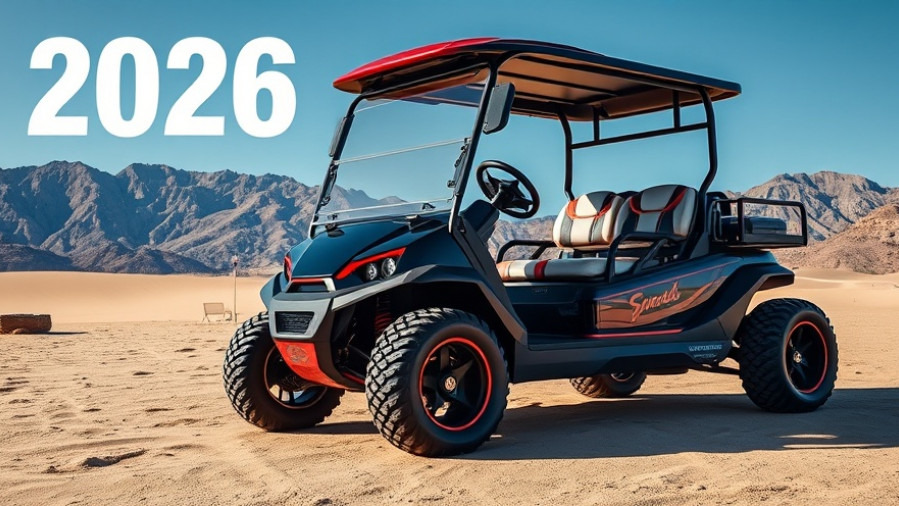 Futuristic custom golf cart showcased on 2026 calendar, vibrant colors, blue sky, and mountains.