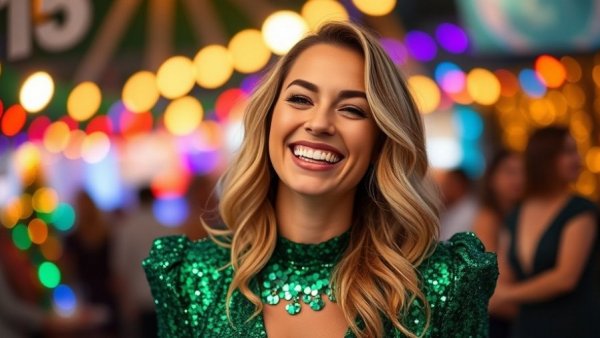 Joyful woman smiling in festive setting with bokeh lights, 100 Day Dream Home.