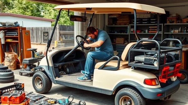 Golf cart maintenance process with tools scattered.