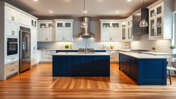 Modern kitchen remodel with navy island and wooden flooring