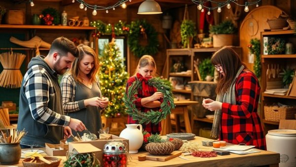 Crafting session in rustic workshop for DIY holiday wreath-making