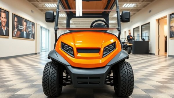 Modern orange golf cart parked in a showroom displaying dimensions