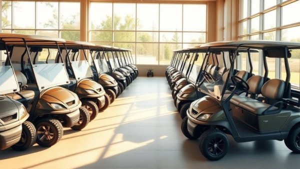 Various models of golf carts in a showroom, highlighting standard golf cart width.