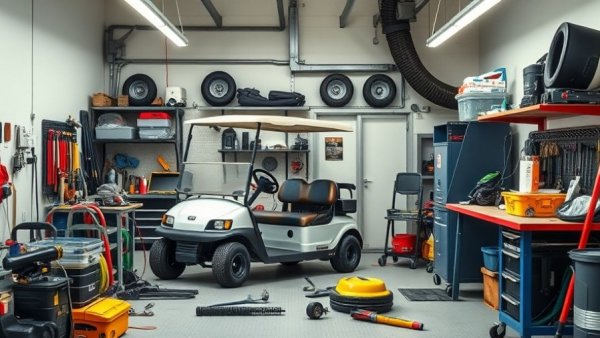 Organized garage with golf cart parts and maintenance tools.