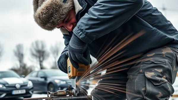Worker tests power tool performance outdoors in winter, PowerStack vs FlexVolt battery comparison.