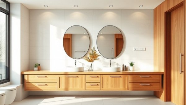 Modern bathroom remodel ideas for small bathrooms with wood vanity.