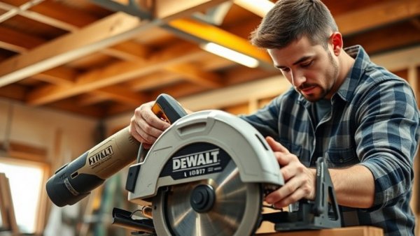 Skilled man working with DeWalt saw in home improvement project.