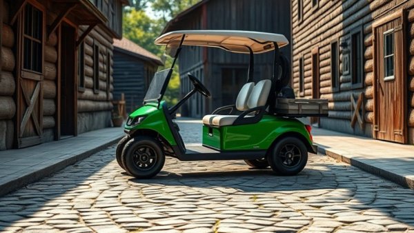 Modern green golf cart parked near rustic buildings in dynamic sunlight.