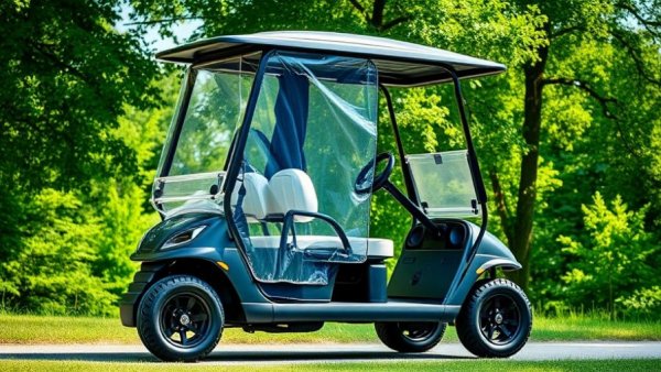Modern electric golf cart covered, ready for sale, lush forest setting.