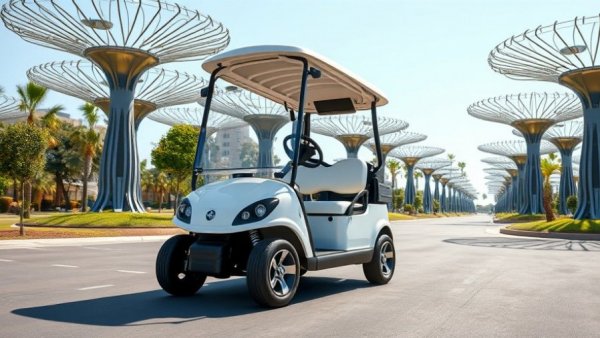 Modern white electric golf cart driving in futuristic park.