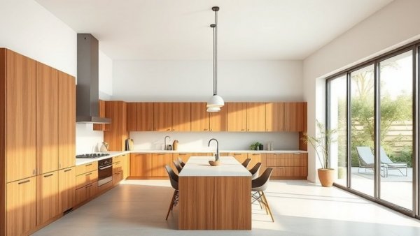 Stylish kitchen and dining space in a modern home with wooden accents.