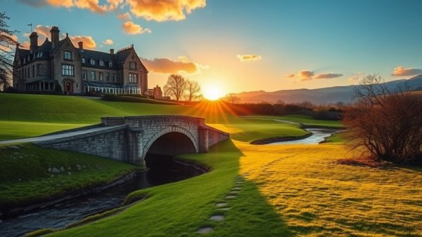 Scenic golf course in Scotland with stone bridge and sunset glow.