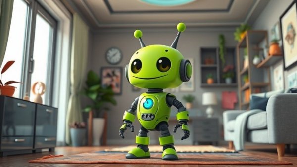 Cartoon robot in a futuristic smart home setting.