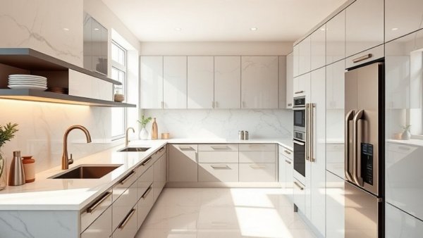Modern kitchen remodel with marble and stainless steel.