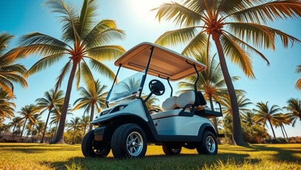 Golf cart parked under palm trees on a sunny day.