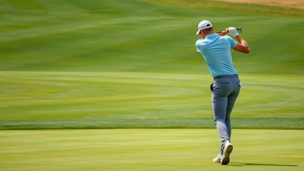 Professional golfer demonstrating forward shaft lean on green fairway.