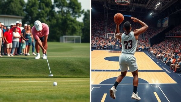 Comparative sports techniques in golf and basketball.