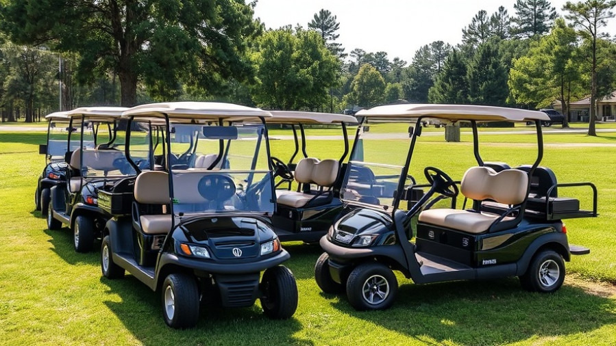 A lineup of street legal electric golf carts ready for rentals.