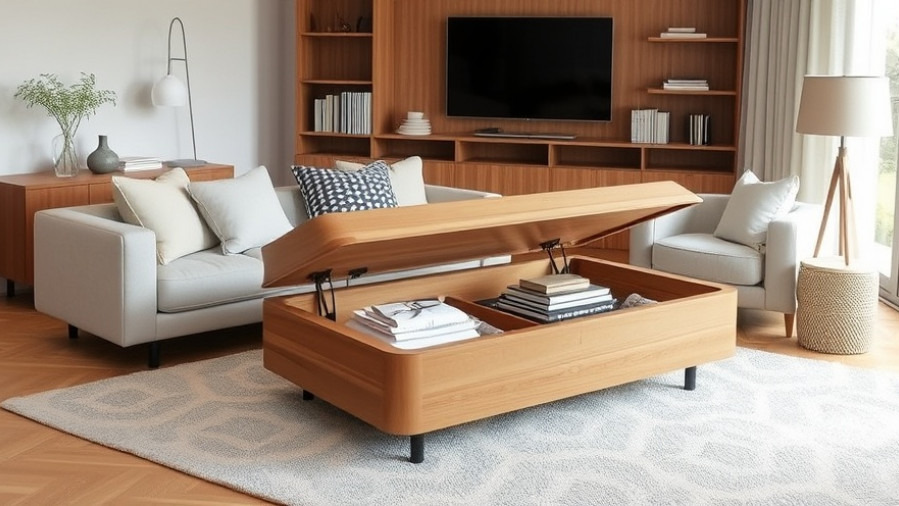 Scandinavian-inspired living room with hidden storage coffee table, blending family-oriented design and modern decor.