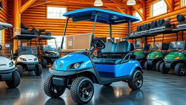 Modern golf carts in showroom highlighting price of golf carts.