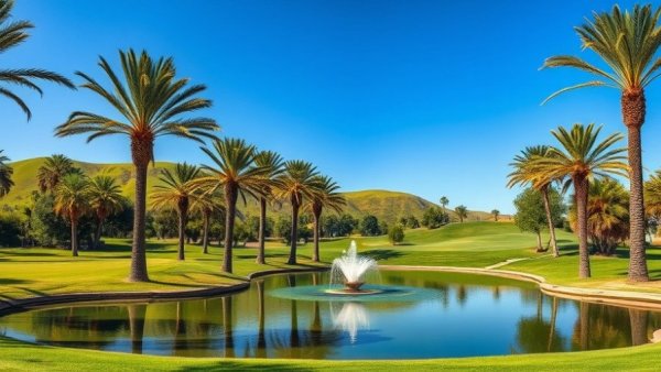 Picturesque golf course in Agadir with palm trees and fountain.