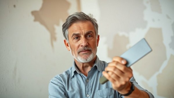 Middle-aged man demonstrates DIY home repairs on a stained wall.