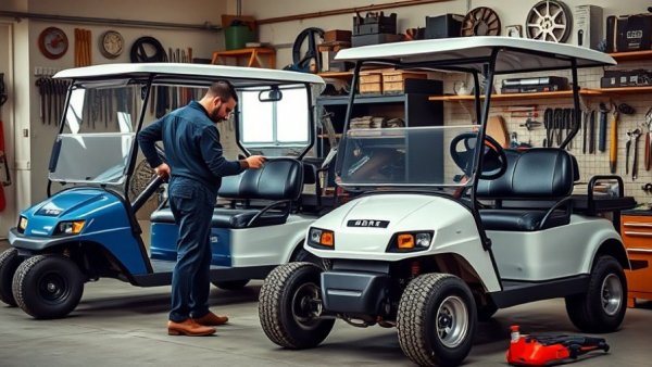 Professional golf cart service scene with mechanic working.