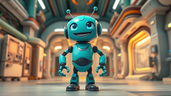 Cheerful teal robot in futuristic facility, cartoon style