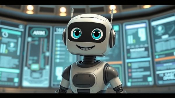 Playful cartoon robot in front of futuristic digital backdrop, related to smart security cameras.