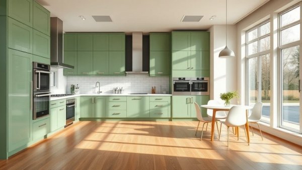 Modern kitchen remodel with green cabinets and dining area.