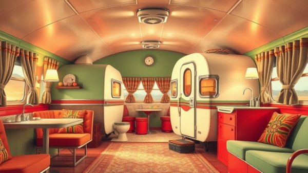 Retro travel trailers illustration with unique kitchen bath trends.