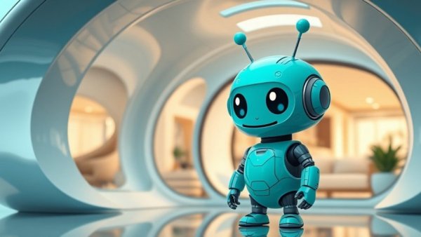 Cute teal robot near futuristic smart home devices cartoon.