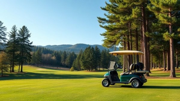 Electric golf cart for sale on a scenic golf course.
