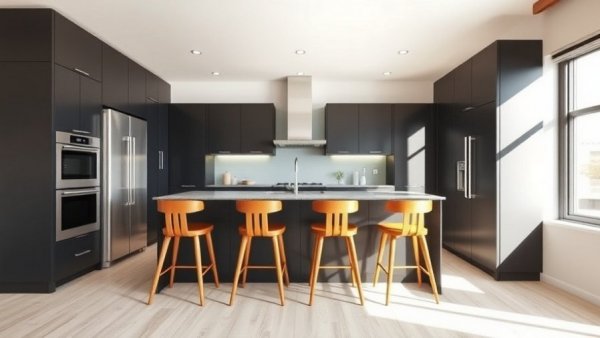 Modern kitchen remodel with dark cabinets and island.