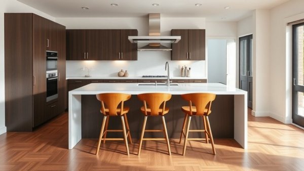 Modern kitchen design with island and bar stools, showcasing latest kitchen and bathroom remodeling trends.