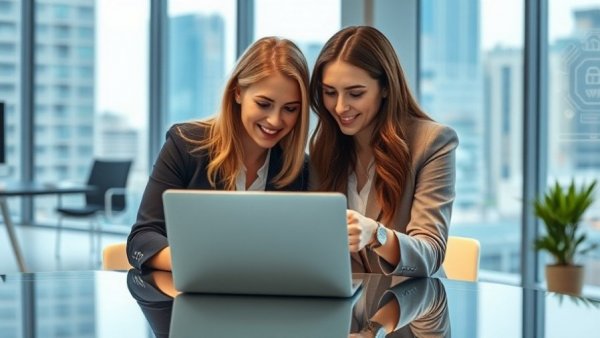 AI technology discussion with two professional women in office.