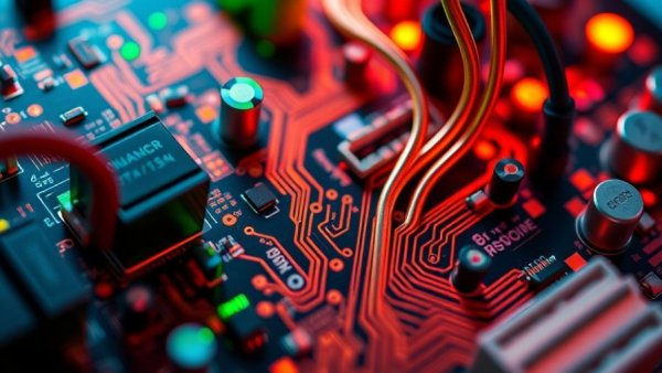 Colorful computer circuit board illuminated, highlighting fraud detection technology.