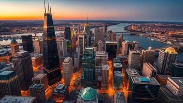 Aerial view of Detroit cityscape at sunset, illustrating Michigan's economic landscape.