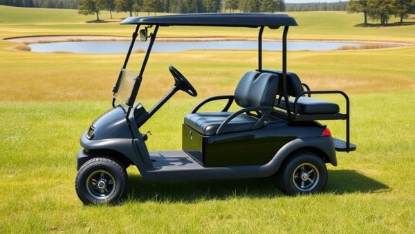 Street legal golf cart on lush green field by a pond.