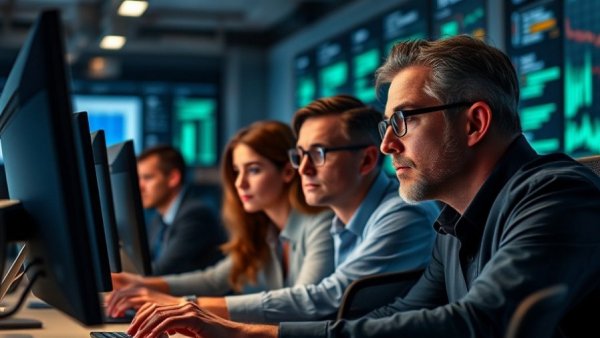 Professionals analyzing data on a computer in a modern office.