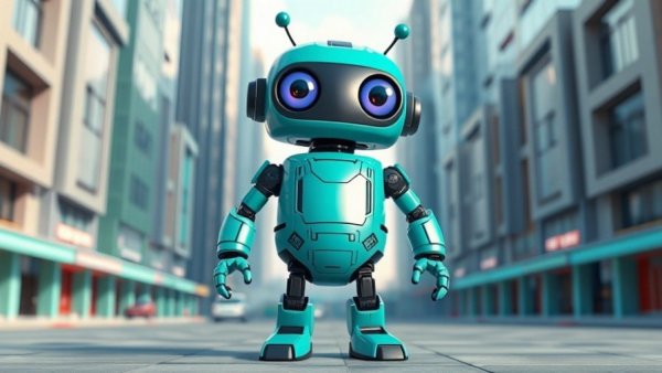 Teal cartoon robot in a futuristic cityscape, vibrant design.