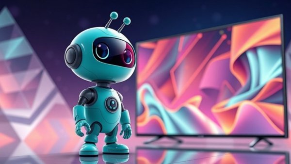 Cartoon robot beside abstract OLED TV design, bright colors.