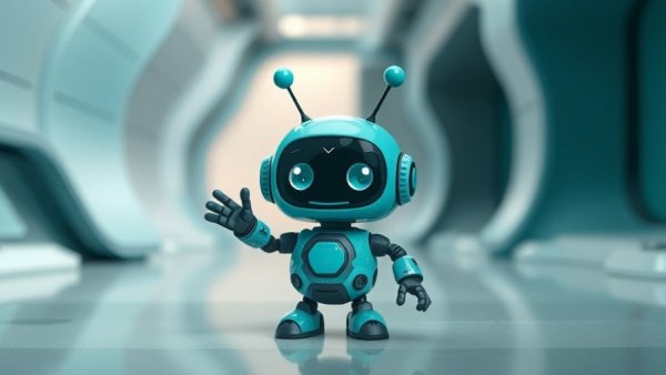 Cartoon teal robot waving in a futuristic environment, PS5 Black Screen Fix theme.